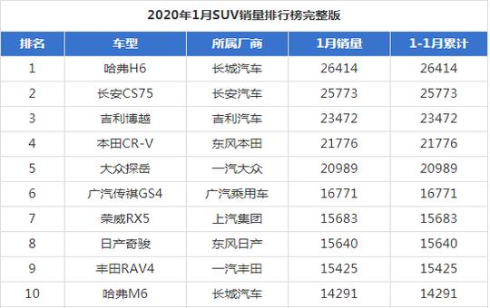 大型suv銷量排行榜（中型suv排行榜前十名）